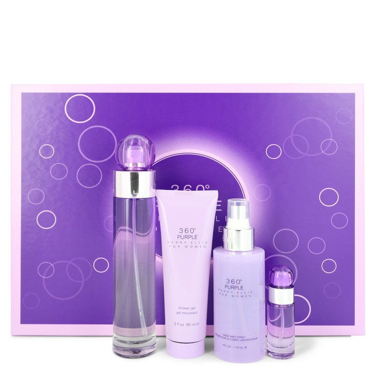 Perry Ellis 360 Purple by Perry Ellis Gift Set -- 3.4 oz Eau De Parfum Spray + .25 oz Mini EDP Spray + 4 oz Body Mist Spray + 3 oz Shower Gel for Women