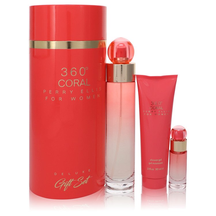 Perry Ellis 360 Coral by Perry Ellis Gift Set -- 3.4 oz Eau de Parfum Spray + .25 oz Mini EDP Spray + 3 oz Shower Gel for Women