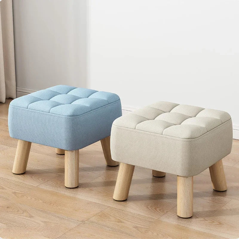 Round Foot Rest Stool Linen Fabric Padded Seat Pouf with Non-Skid Wooden Legs Living room Furniture