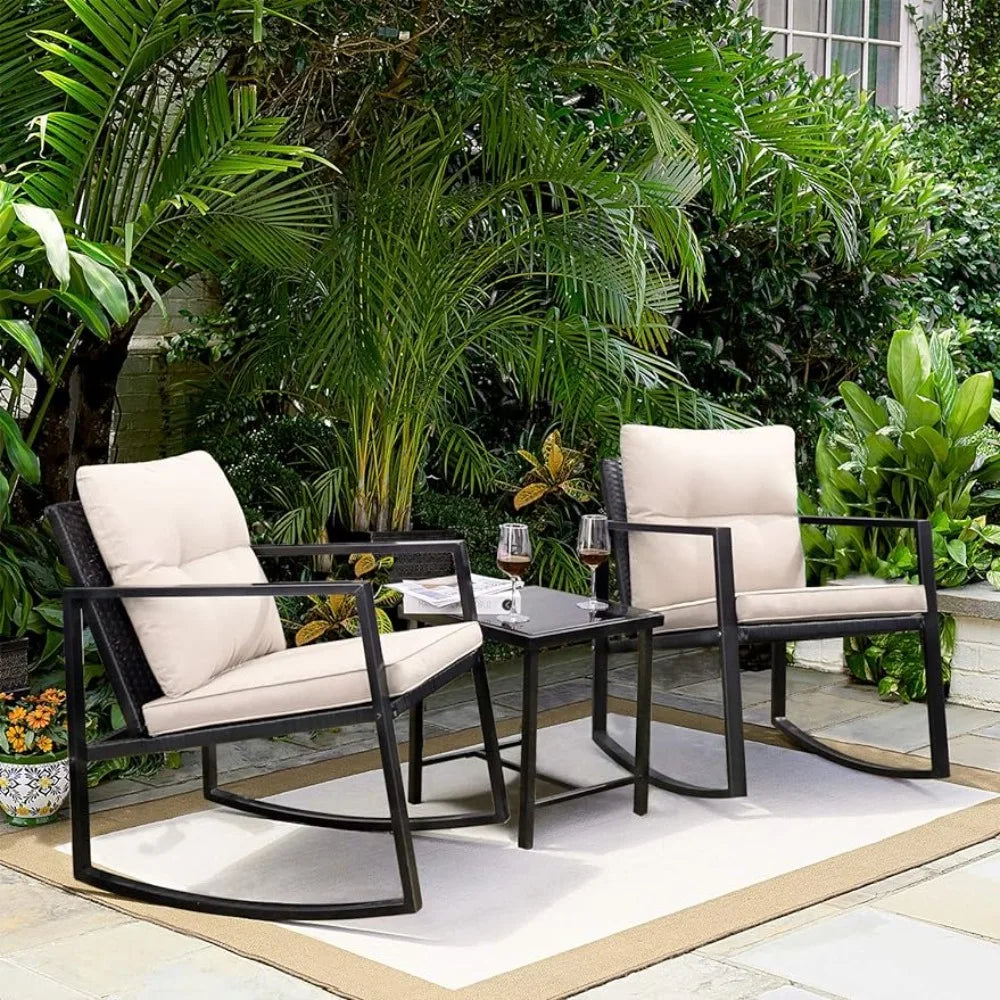 Rocking Wicker Bistro Set, Patio Outdoor Furniture Conversation Sets with Porch Chairs