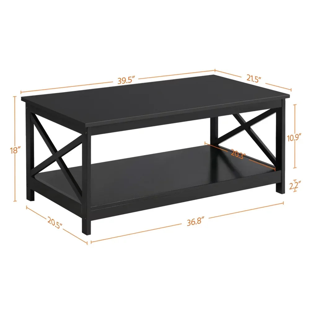 Coffee Table Living Room Furniture Table with Storage Shelf, Black